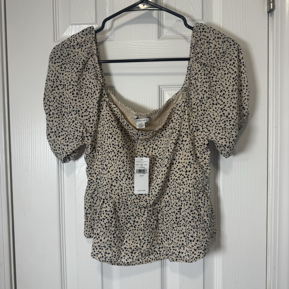 American Eagle Women's Beige Black Polka Dot Smocked Puff Sleeve Top Size M NWT